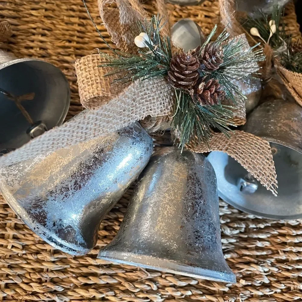 7 Paper Mache Snowman Ornaments & 6 Metal Double Bells with Faux Greenery Lot